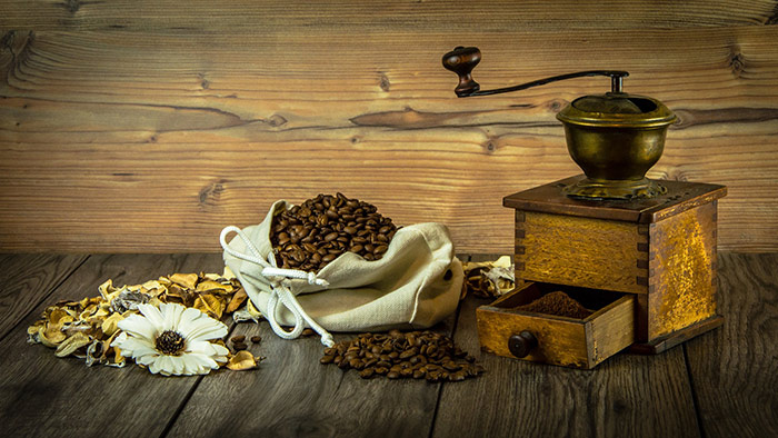 coffee beans and grinder